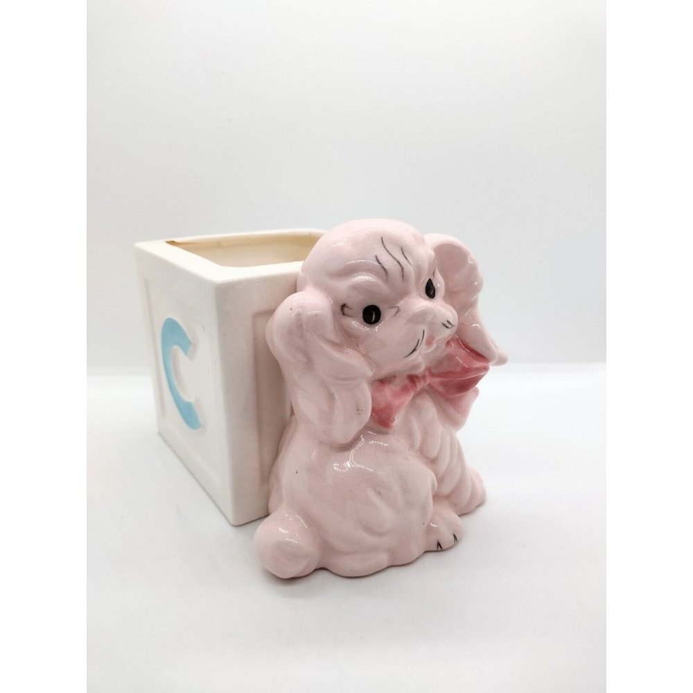 Spaniel Dog Porcelain Baby Block Nursery Planter Vintage 3-D Handpainted Pink